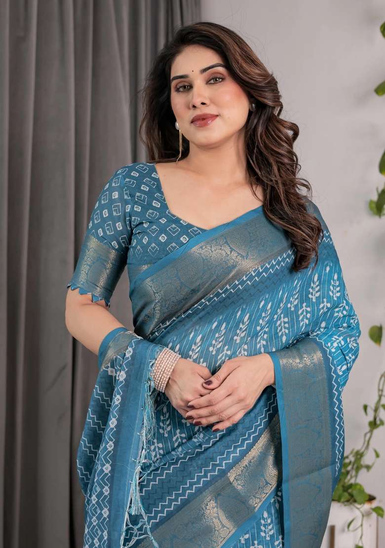 Blue Embroidered Linen Saree Set - Indya