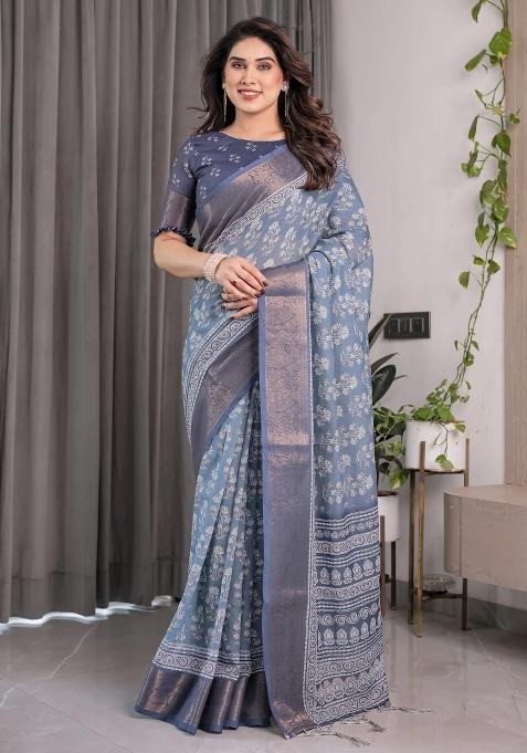 Blue Embroidered Linen Saree Set
