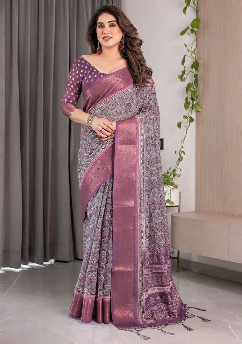 Purple Embroidered Linen Saree Set - Indya