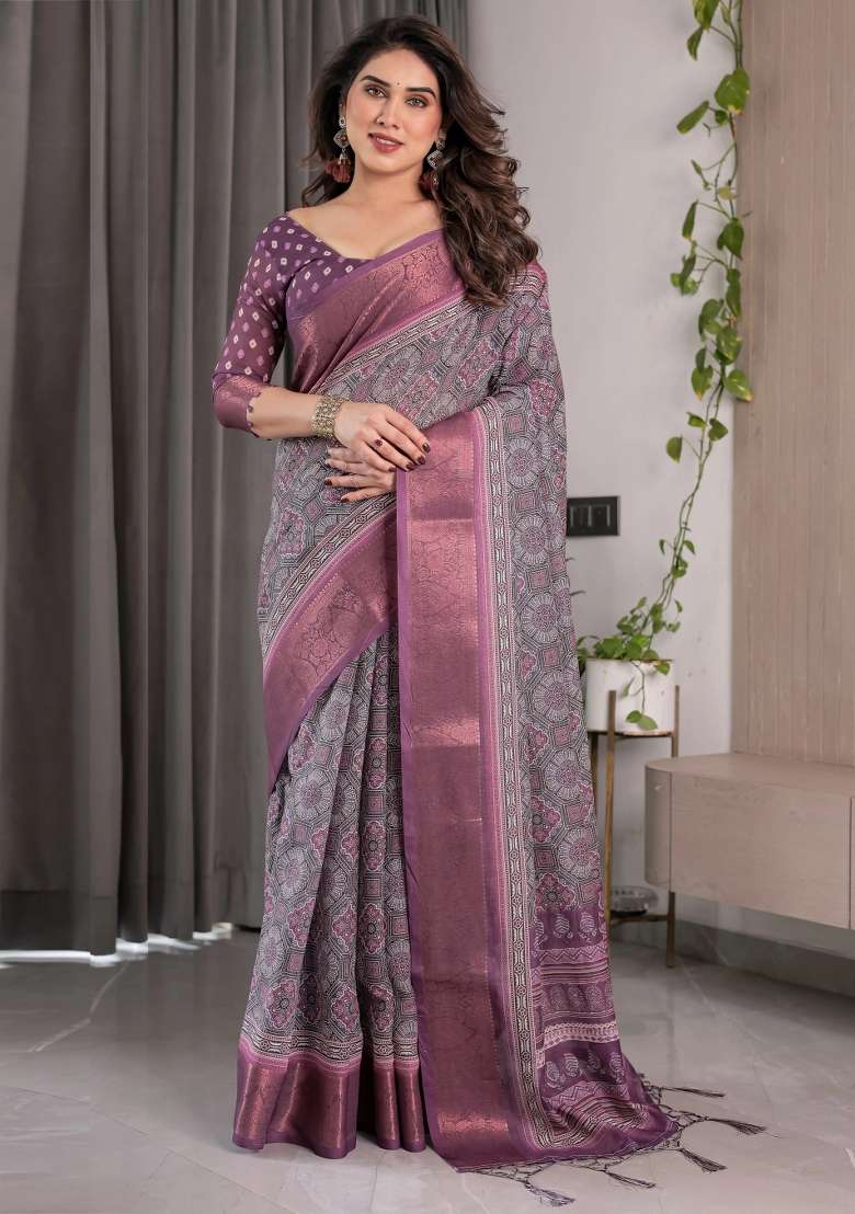 Purple Embroidered Linen Saree Set - Indya