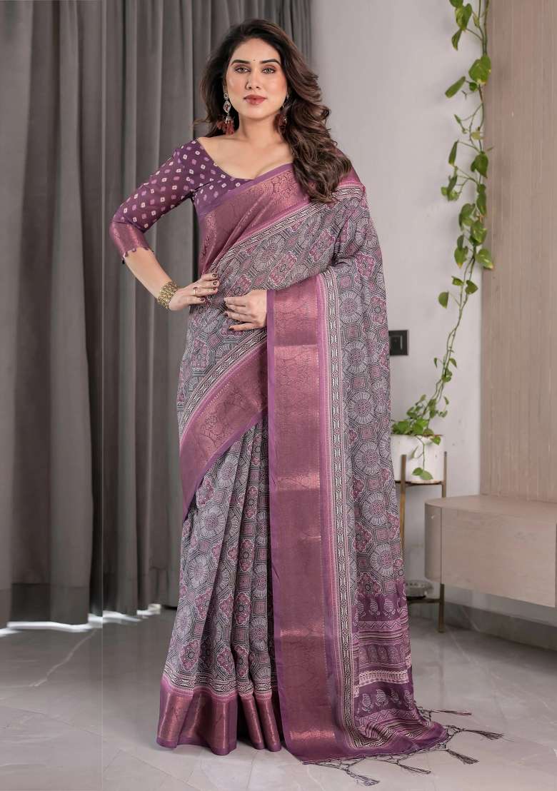 Purple Embroidered Linen Saree Set - Indya