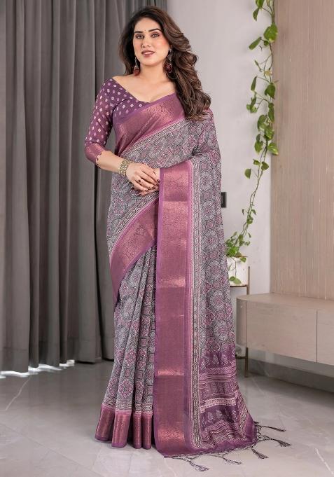 Purple Embroidered Linen Saree Set