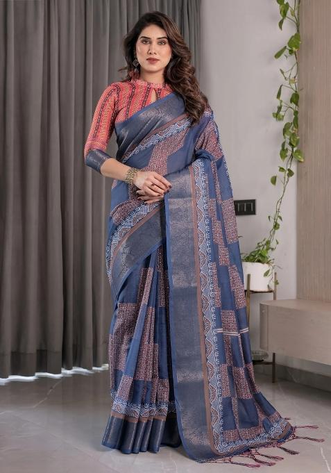 Blue Embroidered Linen Saree Set