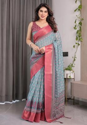 Blue Embroidered Linen Saree Set