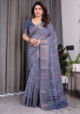 Blue Embroidered Linen Saree Set