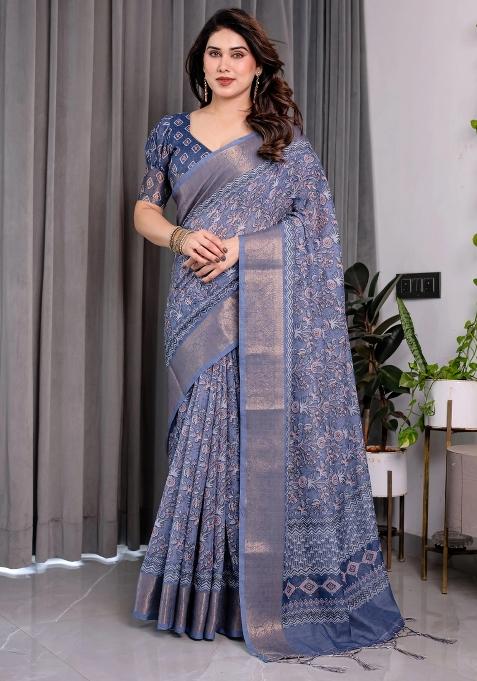 Blue Embroidered Linen Saree Set