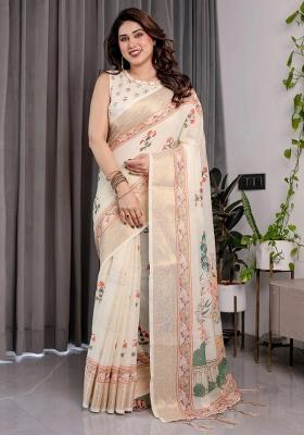 Cream Embroidered Linen Saree Set