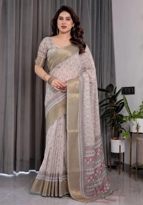 Pink Embroidered Linen Saree Set