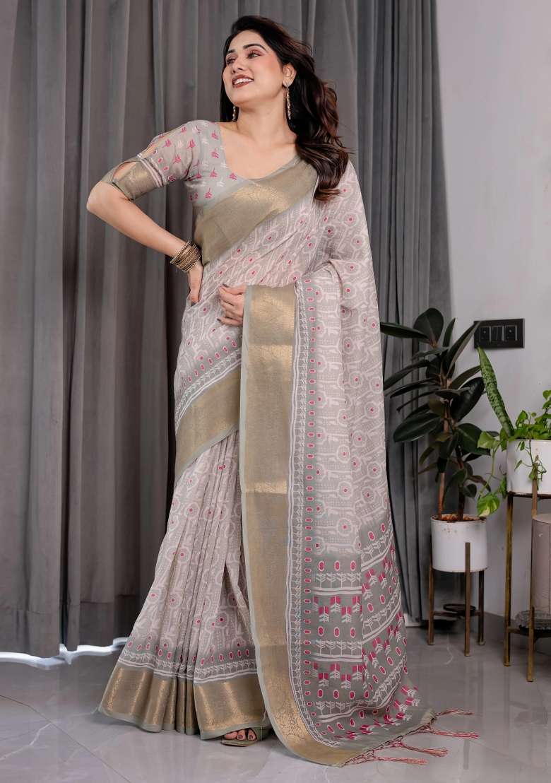 Pink Embroidered Linen Saree Set - Indya