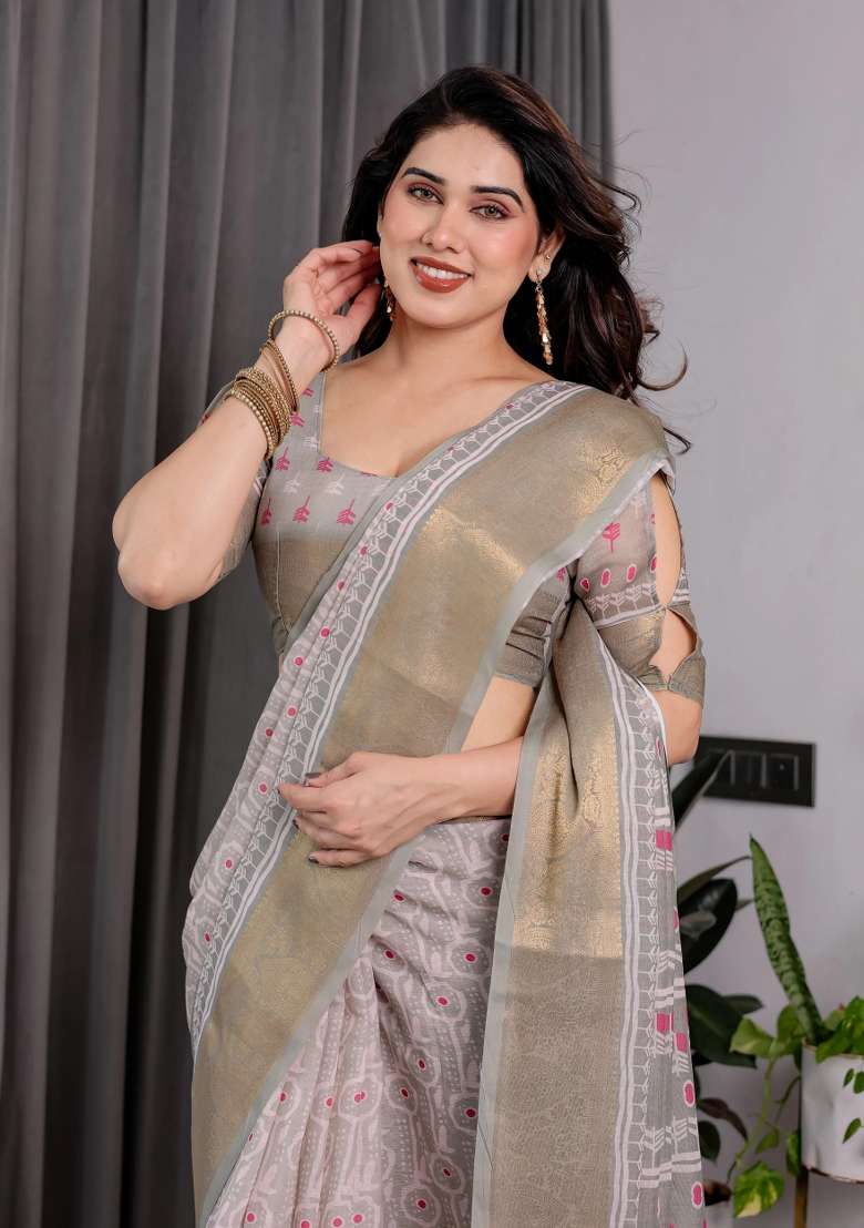 Pink Embroidered Linen Saree Set - Indya
