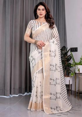 White Embroidered Linen Saree Set