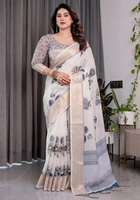 White Embroidered Linen Saree Set