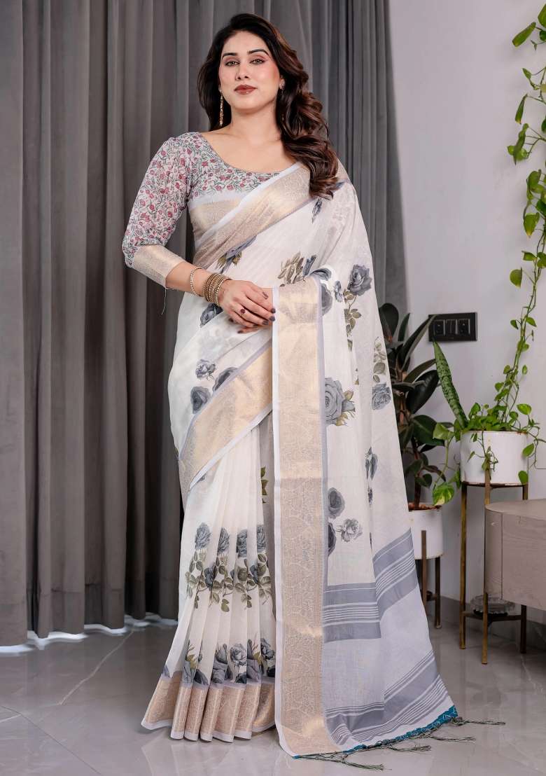 White Embroidered Linen Saree Set - Indya