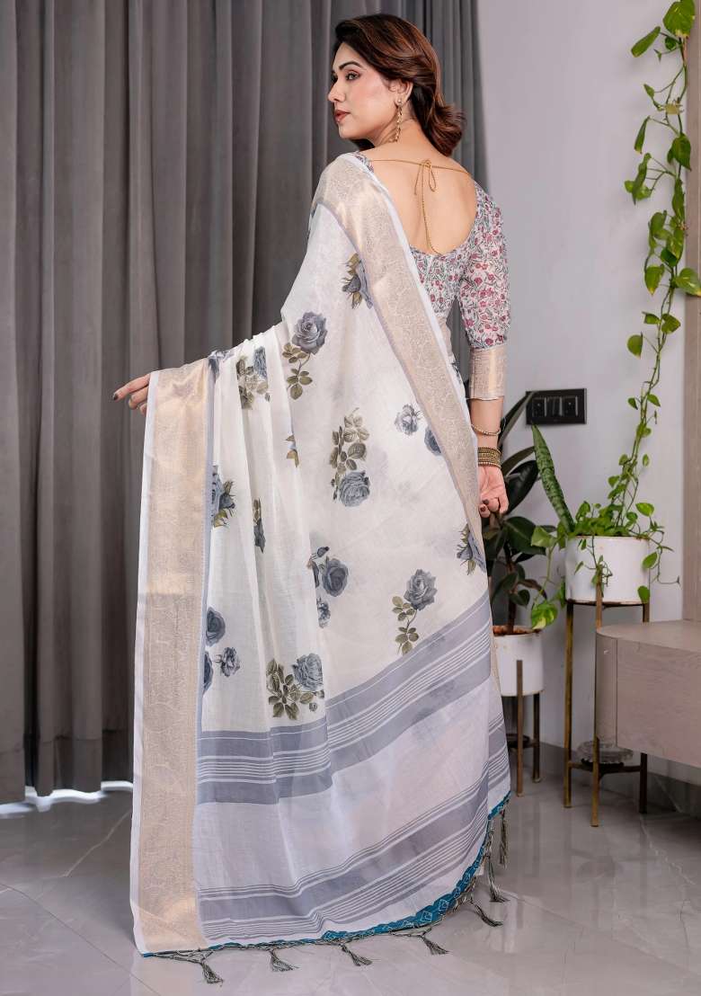 White Embroidered Linen Saree Set - Indya