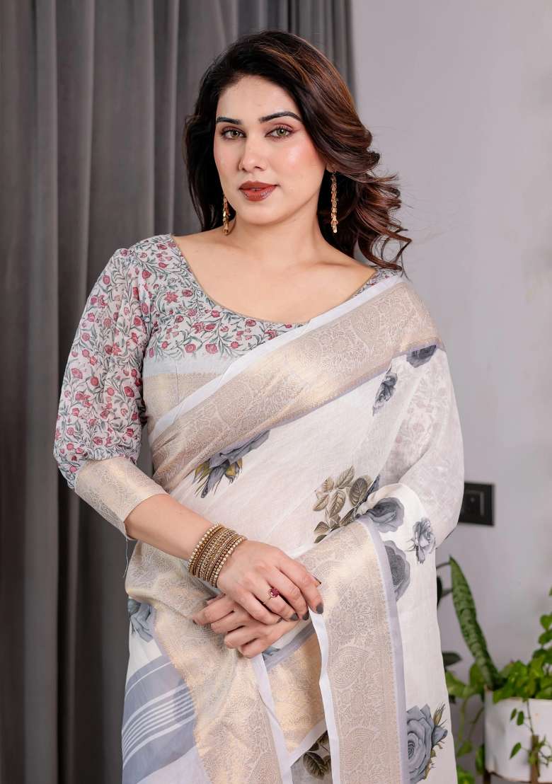 White Embroidered Linen Saree Set - Indya
