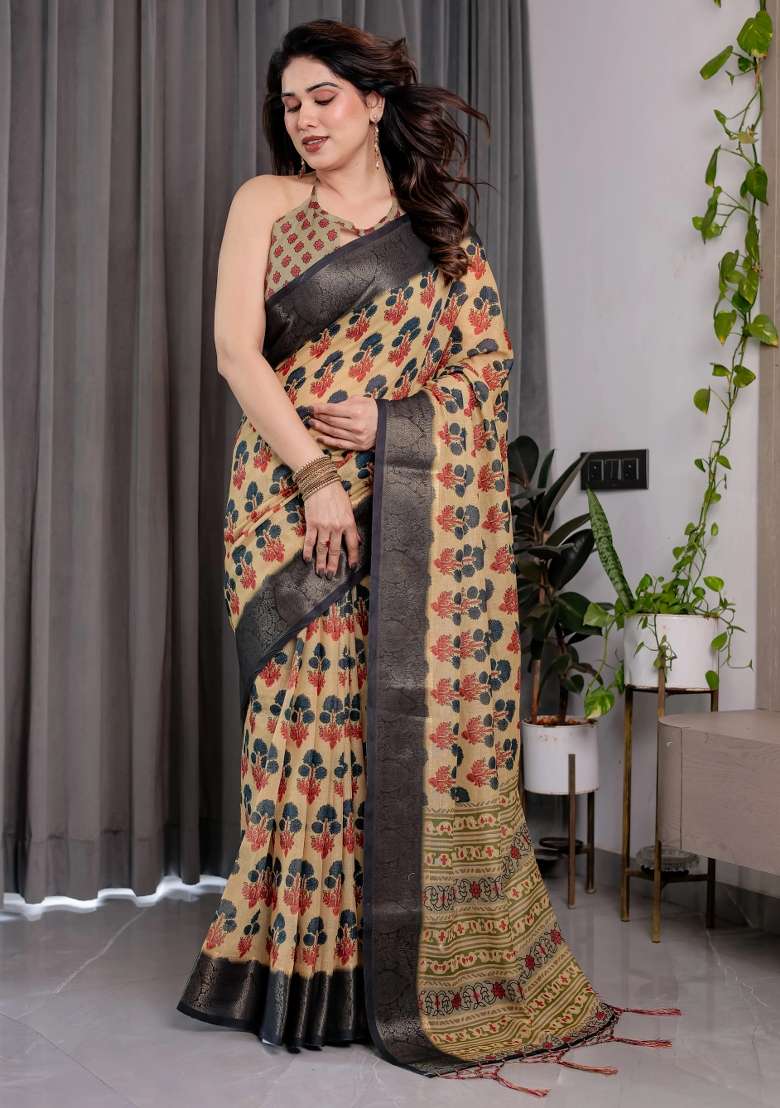 Beige Embroidered Linen Saree Set - Indya