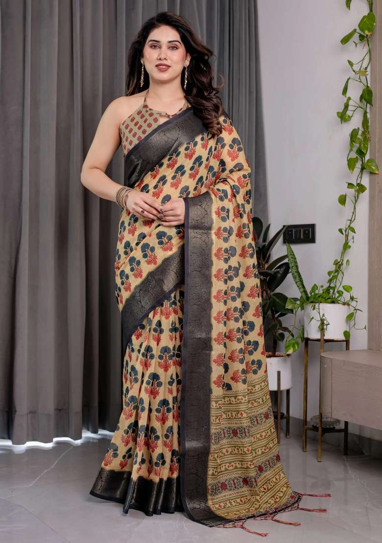 Beige Embroidered Linen Saree Set - Indya