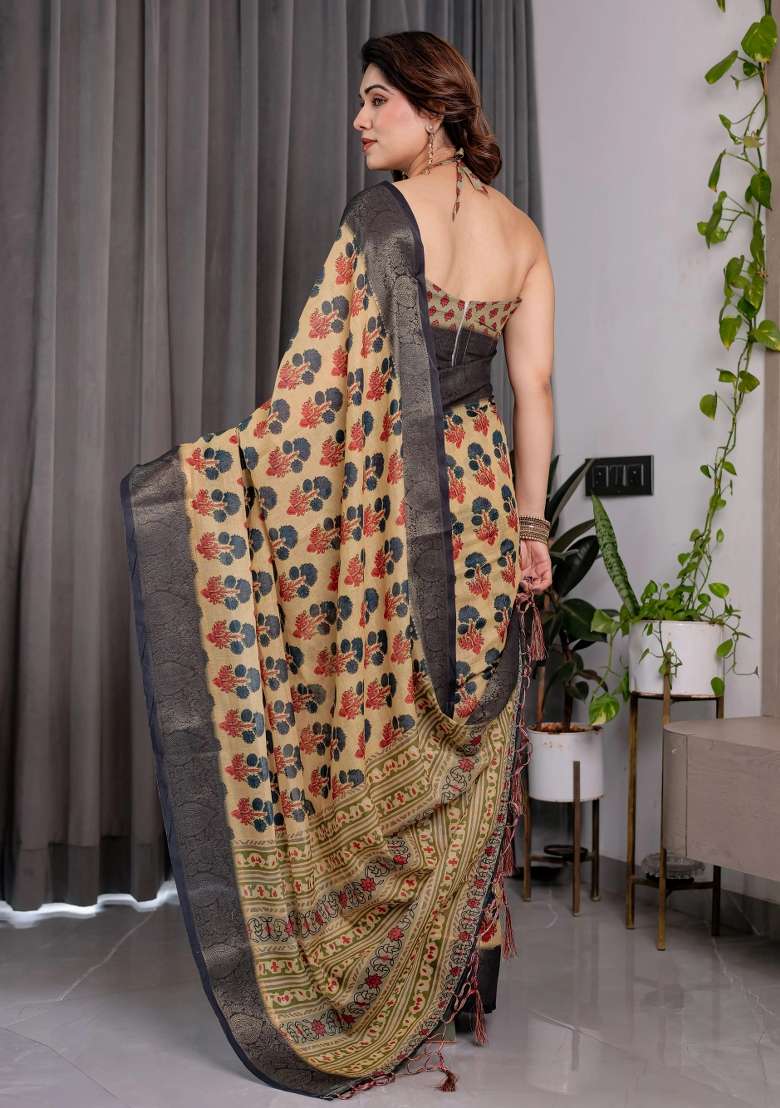 Beige Embroidered Linen Saree Set - Indya