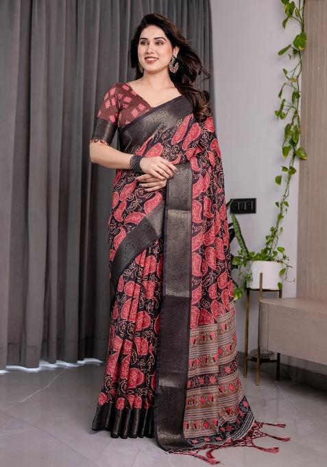 Rust Embroidered Linen Saree Set