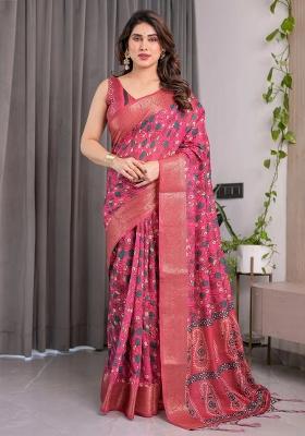 Pink Embroidered Linen Saree Set