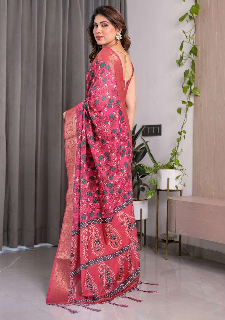Pink Embroidered Linen Saree Set - Indya