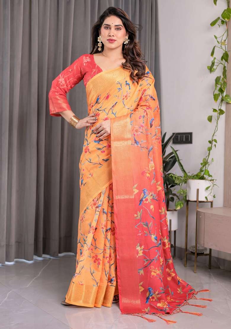 Orange Embroidered Linen Saree Set - Indya