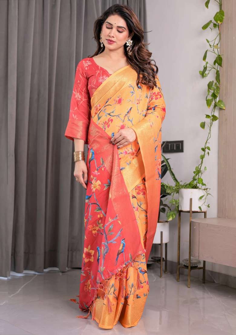 Orange Embroidered Linen Saree Set - Indya