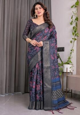 Blue Embroidered Linen Saree Set