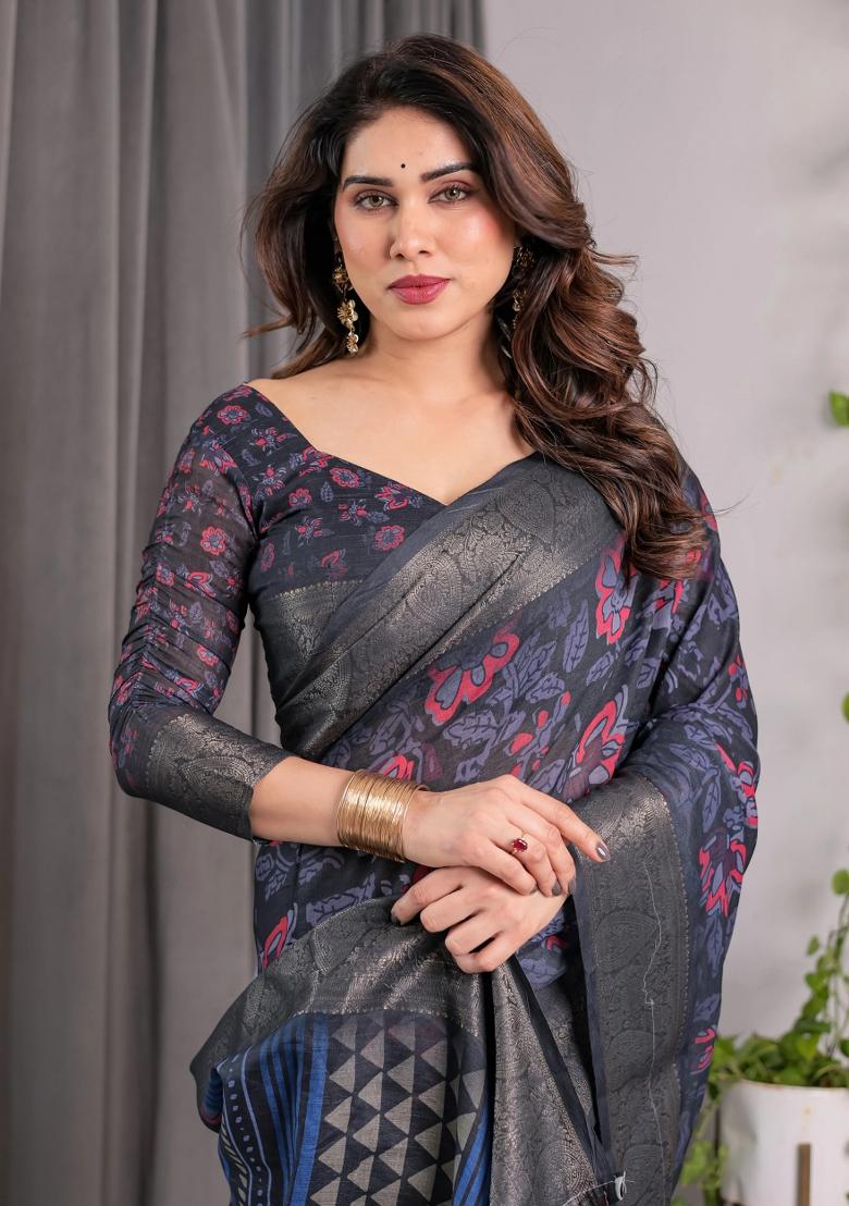 Blue Embroidered Linen Saree Set