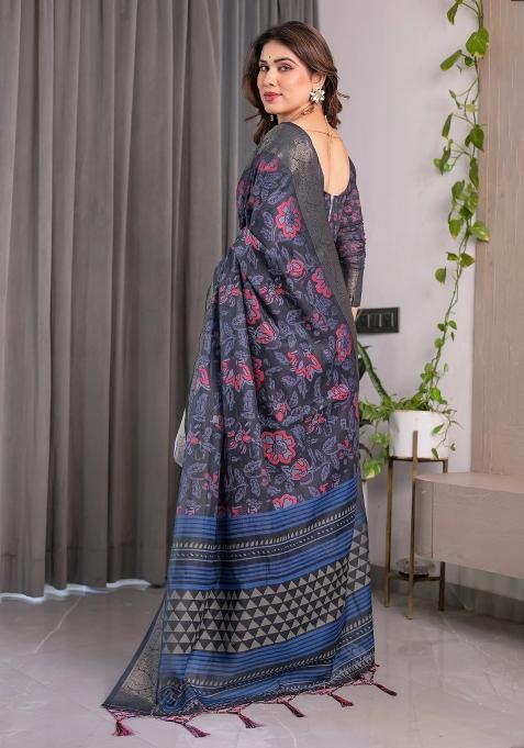 Blue Embroidered Linen Saree Set