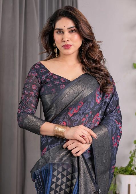 Blue Embroidered Linen Saree Set