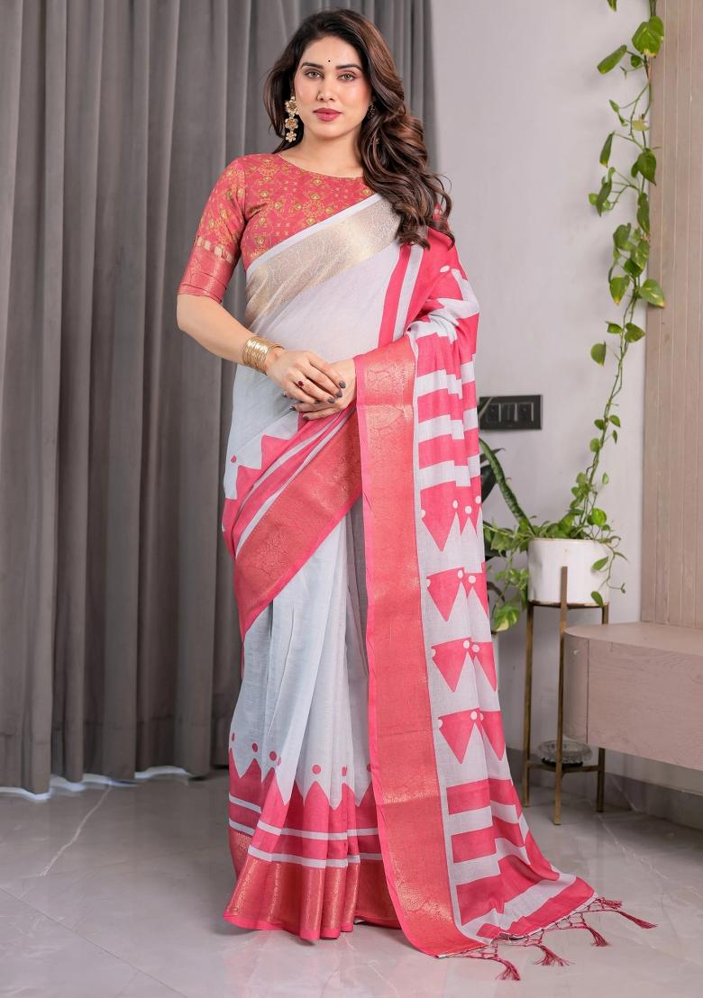 Pink Embroidered Linen Saree Set