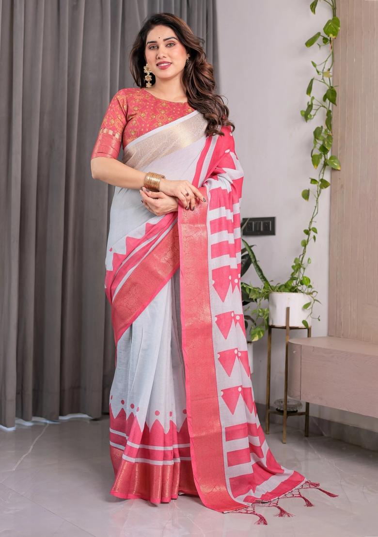 Pink Embroidered Linen Saree Set