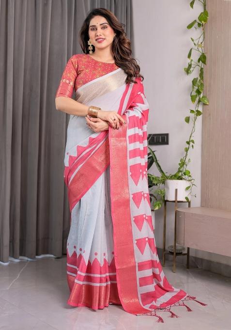 Pink Embroidered Linen Saree Set