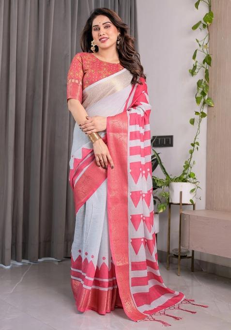 Pink Embroidered Linen Saree Set