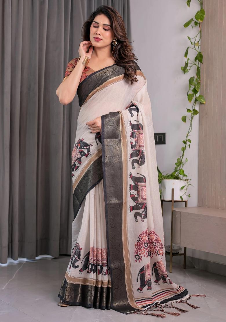 Ivory Embroidered Linen Saree Set