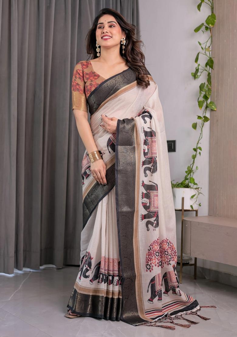Ivory Embroidered Linen Saree Set