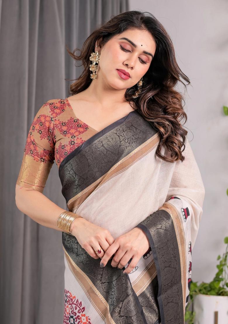 Ivory Embroidered Linen Saree Set