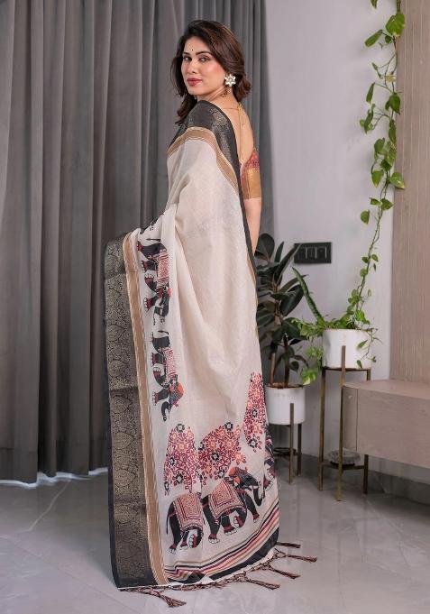 Ivory Embroidered Linen Saree Set