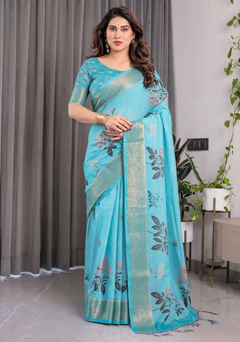 Blue Embroidered Linen Saree Set - Indya