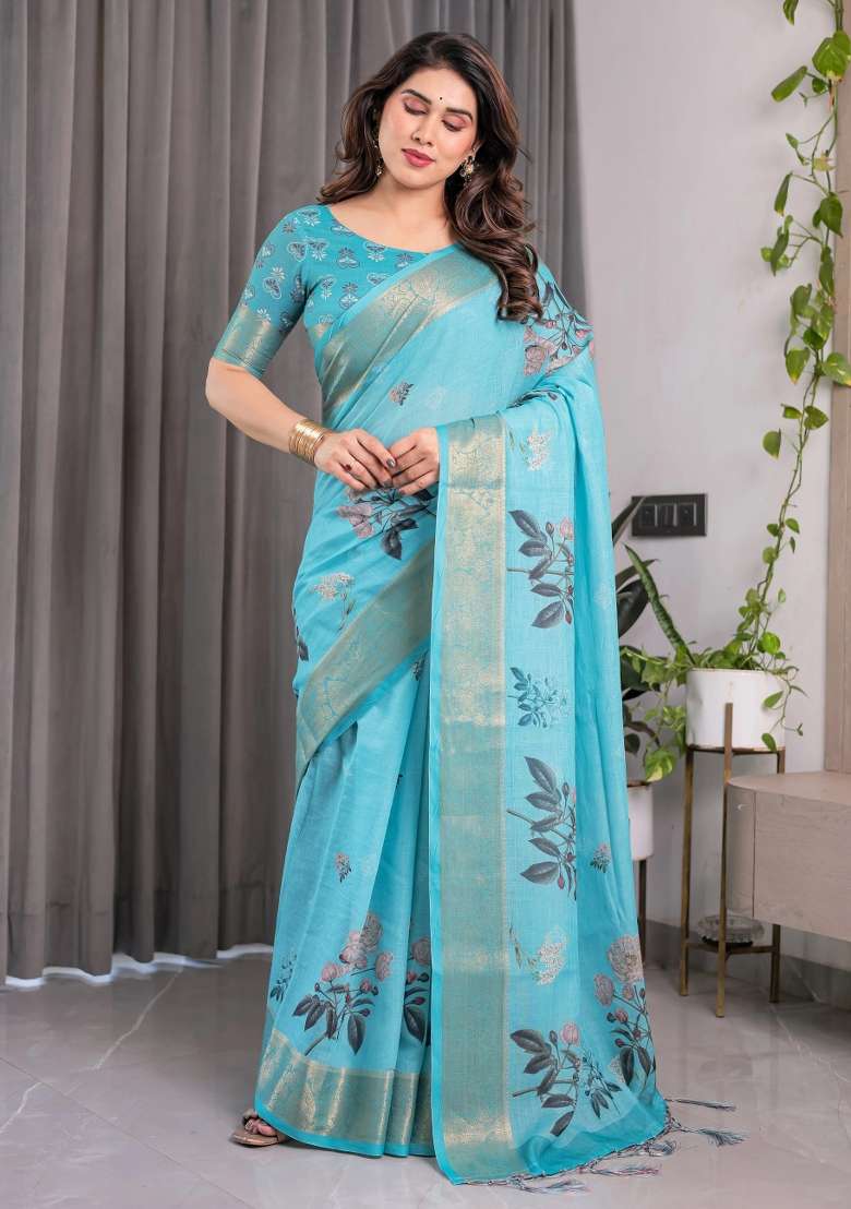 Blue Embroidered Linen Saree Set - Indya
