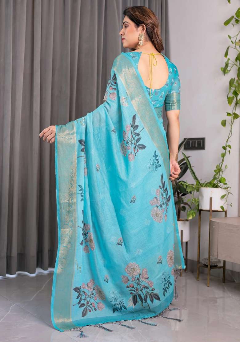 Blue Embroidered Linen Saree Set - Indya