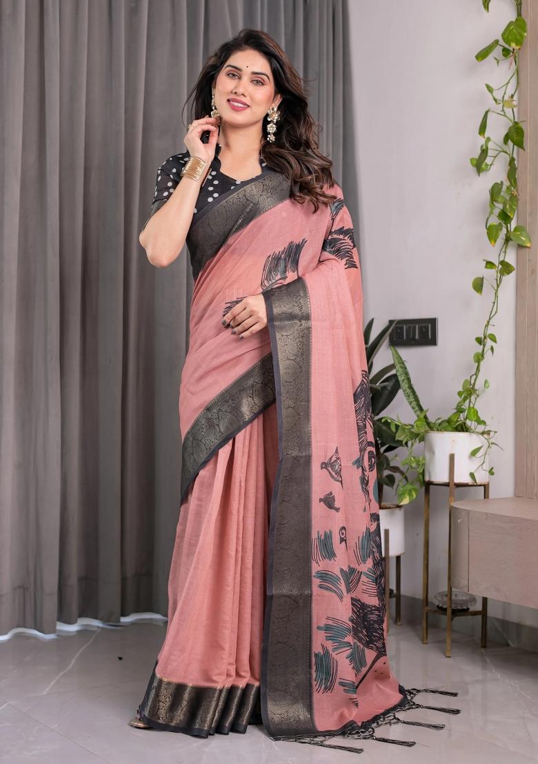 Pink Embroidered Linen Saree Set