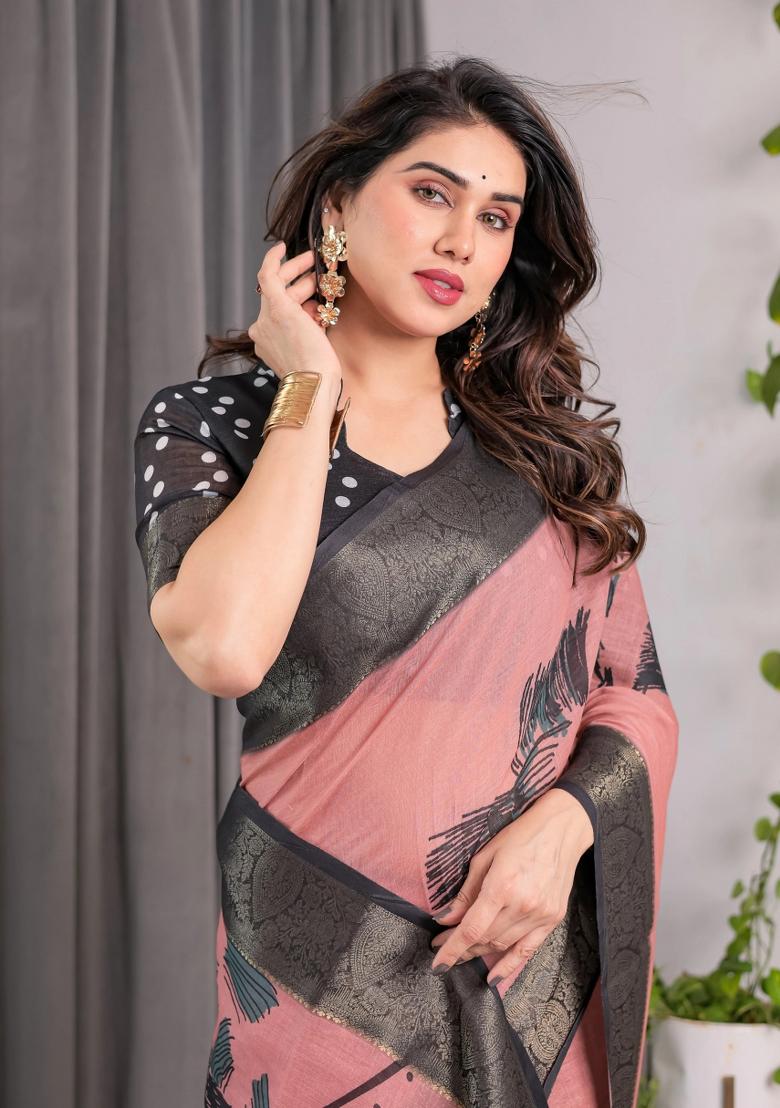 Pink Embroidered Linen Saree Set
