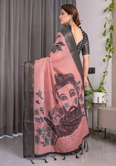 Pink Embroidered Linen Saree Set