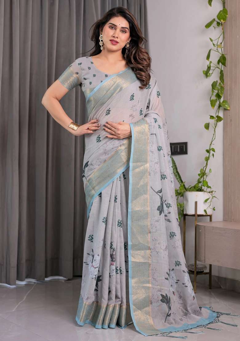 Multicolor Embroidered Linen Saree Set - Indya
