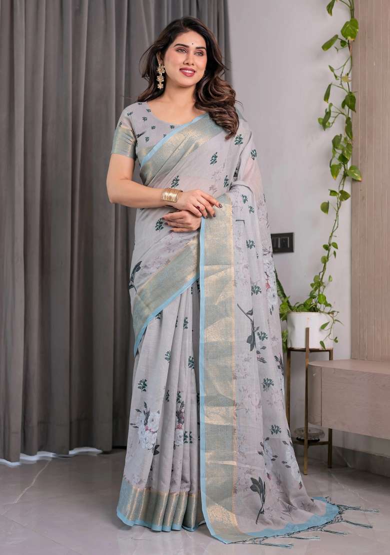 Multicolor Embroidered Linen Saree Set - Indya