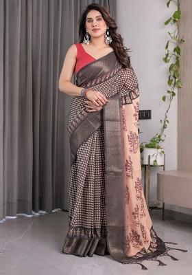 Beige Embroidered Linen Saree Set