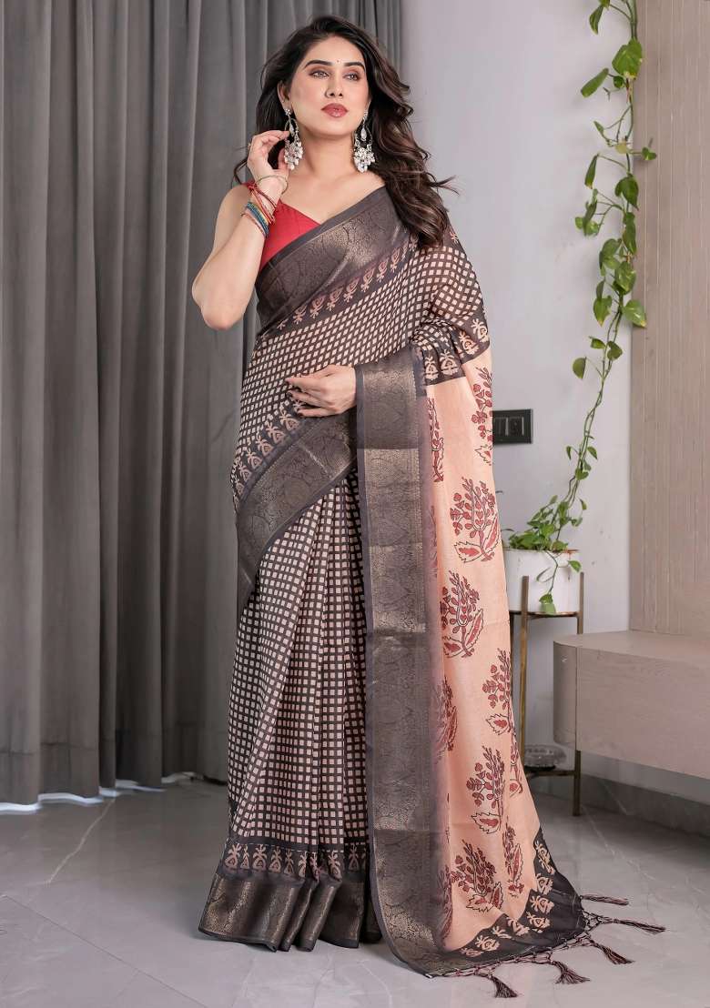 Beige Embroidered Linen Saree Set - Indya