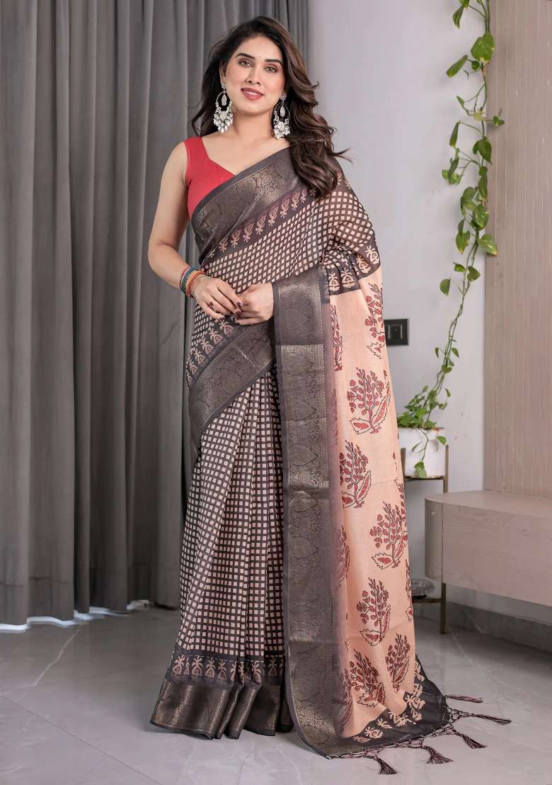 Beige Embroidered Linen Saree Set - Indya